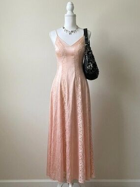 vintage 70s pink tinted maxi lace nylon dress nightgown size small by Olga